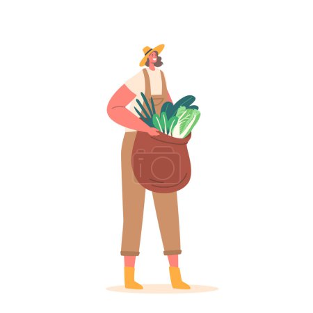 Illustration for Farmer Female Character With Sack Overflowing With Freshly Picked Greens Isolated On White Background. Natural Sustainable Agriculture Or Healthy Living Concept. Cartoon People Vector Illustration - Royalty Free Image