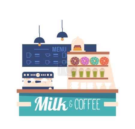 Illustration for Charming Street Coffee House With Inviting Ambiance And Smell Of Freshly Brewed Coffee, Desk, Shelves and Chalkboard Menu. Coffee Shop Place for Urban Life Or Socializing. Cartoon Vector Illustration - Royalty Free Image