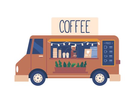 Ilustración de Camión de café de calle que sirve café aromático y pasteles para llevar aislado sobre fondo blanco. Concepto de cafés callejeros, camiones de comida y estilo de vida urbano. Ilustración de vectores de dibujos animados - Imagen libre de derechos