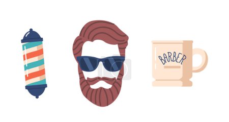 Illustration for Barber Shop Items Striped Pole, Mug And Mustached Male Face with Beard and Sunglasses Isolated on White Background. Barbershops Hair Styling And Grooming Services Icons. Cartoon Vector Illustration - Royalty Free Image