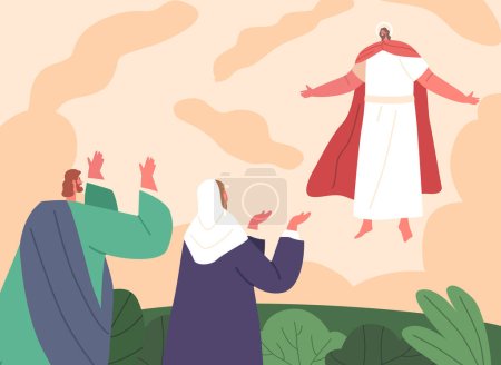Ascension Of Jesus Scene, Moment When Jesus Christ Ascended Into Heaven In Presence Of His Disciples. Significant Event In Christian Theology, Religious Theme. Cartoon People Vector Illustration