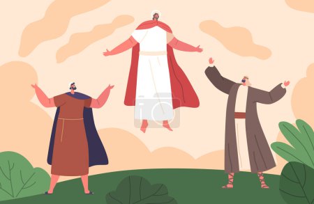 Illustration for Ascension Of Jesus Biblical Scene. Son of God Ascending To Heaven Surrounded By His Disciple Characters Gazing Up In Awe. Religious History, Bible Narratives Theme. Cartoon People Vector Illustration - Royalty Free Image