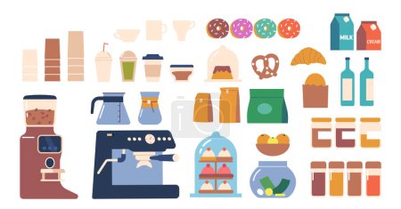 Illustration for Set of Isolated Street Coffee Icons. Machine, Espresso Maker With Glass Pot, Beans, Package, Croissant, Grinder. Hot Beverage Cups, Mugs and Pastry with Topping Bottles. Cartoon Vector Illustration - Royalty Free Image