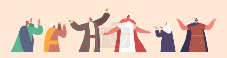 Illustration for Ascension Of Jesus Concept with Jesus Christ Stand with Outstretched Arms and his Disciples Isolated Characters. Spiritual Religious Moment, Biblical Personages. Cartoon People Vector Illustration - Royalty Free Image