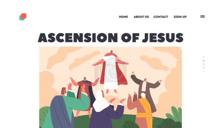 Illustration for Ascension Of Jesus Landing Page Template. Jesus Christ Character Rising Into Sky As His Disciples Look On In Wonder. Spiritual Moment, Religious Event, Bible Story. Cartoon People Vector Illustration - Royalty Free Image