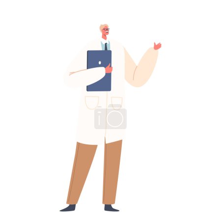 Téléchargez les illustrations : Doctor Man Wear White Medic Robe and Trousers Speaking and Gesturing with Clipboard in Hand during Medical Report or Press Conference Isolated on White Background. Illustration vectorielle des personnages de bande dessinée - en licence libre de droit