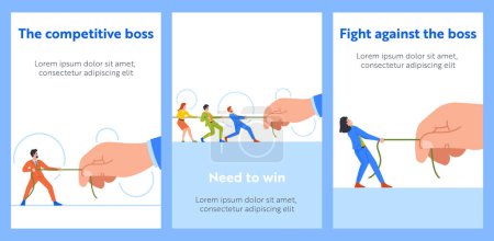 Illustration for Cartoon Banners with Business Characters Compete Against Huge Boss In Game Of Tug-of-war or Rope-pulling Match. Concept Of Competition And Struggle To Overcome Powerful Obstacles. Vector Posters - Royalty Free Image