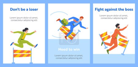 Illustration for Cartoon Banners with Losers Business Characters Falling Over An Obstacles During Race Symbolizing The Hurdles And Challenges In Entrepreneurship. Men and Women Jump over Barriers. Vector Posters - Royalty Free Image