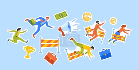 Illustration for Set of Stickers Business Characters Falling Over An Obstacles During Race. Men and Women Stumble and Jump over Barriers Face Hurdles or Challenges. Cartoon People Vector Illustration, Isolated Patches - Royalty Free Image