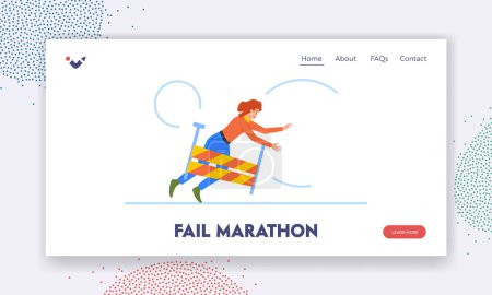 Illustration for Fail Marathon Landing Page Template. Businesswoman Stumbles Over Obstacle During Race, Struggling To Regain Balance. Female Character Overcome Challenges In Life. Cartoon People Vector Illustration - Royalty Free Image