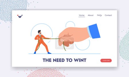 Illustration for Corporate Battle in Business Landing Page Template. Tiny Businessman Character Pull Rope Against The Giant Hand Of his Boss. Tension, Competition, Fight, Rivalry or Cartoon People Vector Illustration - Royalty Free Image