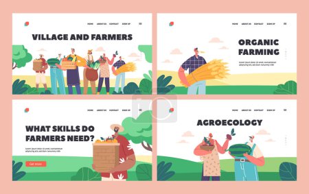 Village and Farmers Landing Page Template Set. Ranchers Group with Crops. Characters With Fresh Produce And Sustenance Promoting Agriculture Or Rural Lifestyles. Cartoon People Vector Illustration