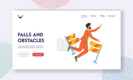 Illustration for Falls and Obstacles Landing Page Template. Businessman Character Tripping Over An Obstacle While Racing. Setbacks, Resilience And Challenges In Business World. Cartoon People Vector Illustration - Royalty Free Image