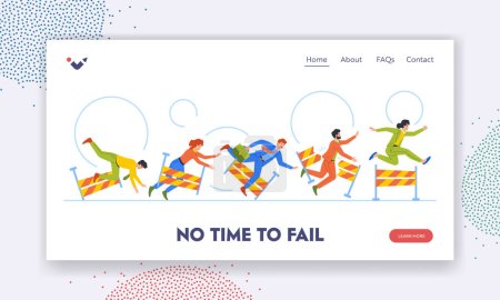 Illustration for Business Fail Landing Page Template. Characters Falling Over An Obstacles During Race Symbolizing Hurdles In Entrepreneurship. Men and Women Jump over Barriers. Cartoon People Vector Illustration - Royalty Free Image