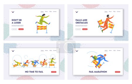 Illustration for Business Fail Landing Page Template Set. Characters Falling Over An Obstacles During Race Symbolizing Hurdles In Entrepreneurship. Men and Women Jump over Barriers. Cartoon People Vector Illustration - Royalty Free Image