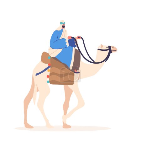 Illustration for Bedouin Riding Camel Through The Desert Isolated on White Background. Concept of Nomadic Lifestyle Of The Bedouin People For Promoting Travel, Adventure Or Cultural Themes. Cartoon Vector Illustration - Royalty Free Image