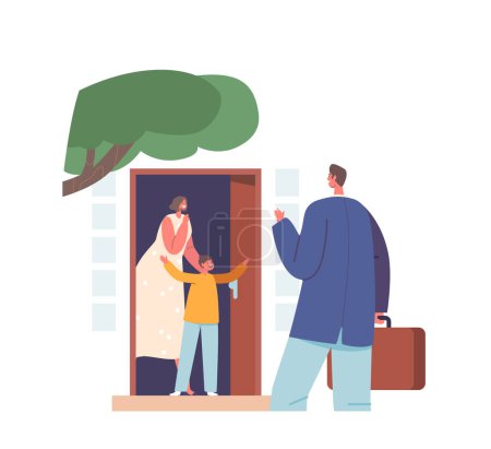Illustration for Excited Son and Wife Meet Father Returning Home after Work Warm Welcome Scene. Joy Of Reunions Family, Love, And Happiness Concept with Cheerful Characters at Doorway. Cartoon Vector Illustration - Royalty Free Image