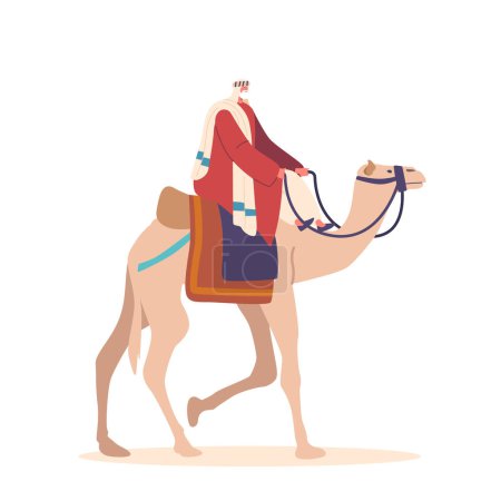 Illustration for Bedouin Riding A Camel Through The Desert Isolated on White Background. Adventure, Nomadic Lifestyle, Travel, Tourism Or Cultural Content. Magus Walking to Jesus. Cartoon People Vector Illustration - Royalty Free Image