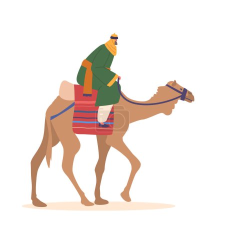 Illustration for Bedouin Riding A Camel Across The Desert Sands Isolated on White Background. Adventure Concept, Symbol Of Traditional Desert Culture, Magus Travel to Newborn Jesus. Cartoon People Vector Illustration - Royalty Free Image