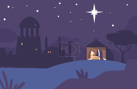 Illustration for Joseph And Mary Cradle Baby Jesus In A Stable at Starry Night Biblical Scene Is Symbolic Of The Birth Of Christ And Represents Hope And Salvation For Christians. Cartoon People Vector Illustration - Royalty Free Image