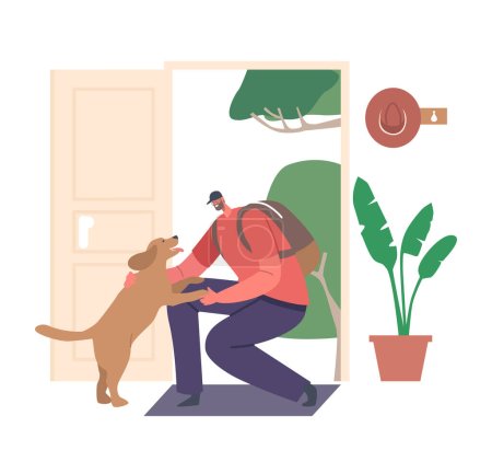 Ilustración de Emocionado perro corriendo hacia su dueño en casa, meneando la cola y expresando amor y felicidad. Escena conmovedora que captura el vínculo entre los perros y sus dueños. Ilustración de vectores de dibujos animados - Imagen libre de derechos