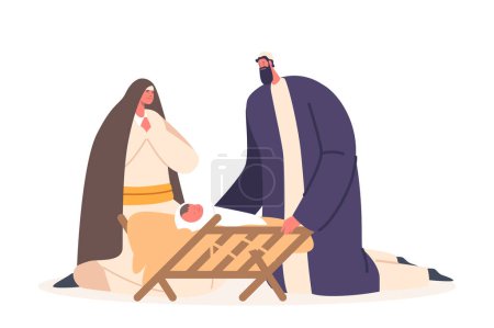 Illustration for Nativity Scene With Young Couple Mary And Joseph with their Newborn Son Jesus In Manger. Religious Biblical Christmas Story Symbolizes Hope, Faith, And Love. Cartoon People Vector Illustration - Royalty Free Image