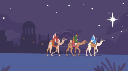 Téléchargez les illustrations : Caspar, Melchior et Balthazar Magi Riding Camels suivent l'étoile pour atteindre la scène biblique du nouveau-né Jésus. Histoire de Noël, célèbre récit biblique religieux. Illustration vectorielle des personnages de bande dessinée - en licence libre de droit