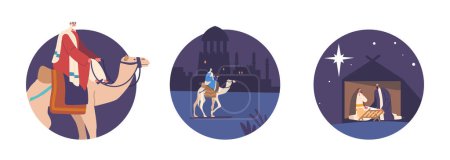 Téléchargez les illustrations : Caspar, Melchior et Balthazar Magi Riding Camels suivent l'étoile pour atteindre le nouveau-né Jésus isolé Icônes bibliques rondes. Célèbre narration biblique religieuse. Illustration vectorielle des personnages de bande dessinée - en licence libre de droit