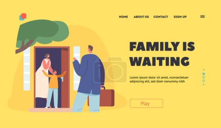 Illustration for Family Reunion, Love Landing Page Template. Excited Son and Wife Meet Father Returning Home after Work Welcome Scene. Happiness Concept with Cheerful Characters at Doorway. Cartoon Vector Illustration - Royalty Free Image