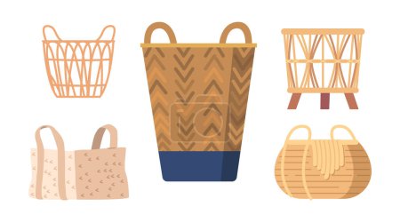 Illustration for Set of Woven Baskets, Wicker Containers Made Of Natural Materials Such As Rattan, Reed Or Bamboo, Used For Storage And Transport In Various Shapes And Sizes, Rustic Decor. Cartoon Vector Illustration - Royalty Free Image