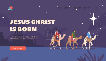 Illustration for Jesus Christ is Born Landing Page Template. Caspar, Melchior, and Balthazar Magi Riding Camels Follow The Star To Reach Newborn Baby Jesus Famous Biblical Narrative. Cartoon People Vector Illustration - Royalty Free Image