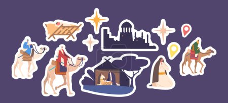 Illustration for Set of Biblical Stickers Magi Characters On Camels Travel By Night To Visit Baby Jesus. Religious Christmas Patches of Wise Men Journey To Honor The Newborn King. Cartoon People Vector Illustration - Royalty Free Image