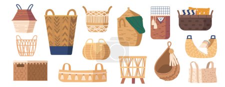 Ilustración de Conjunto de cestas tejidas hechas de materiales naturales como sauce, caña o bambú en varias formas y tamaños. Almacenamiento, decoración o transportador para comestibles o picnics. Ilustración de vectores de dibujos animados - Imagen libre de derechos