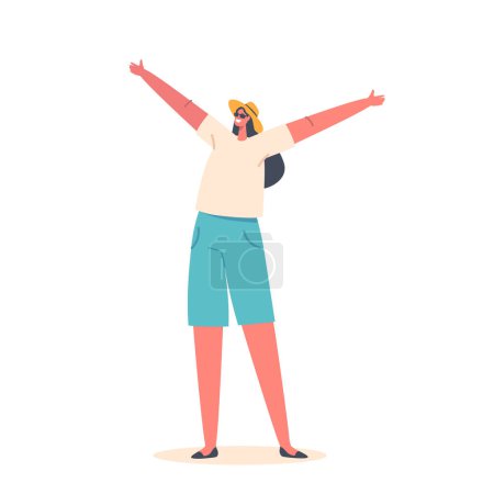 Téléchargez les illustrations : Joyful Woman Character Portez des lunettes de soleil et un chapeau d'été qui ont l'air heureux et détendu. Concept d'activités de plein air, mode ou contenu et mode de vie sur le thème de l'été. Illustration vectorielle des personnages de bande dessinée - en licence libre de droit