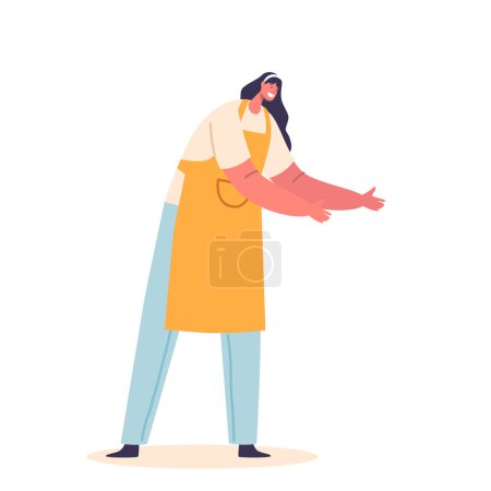 Illustration for Happy Woman Mother Or Housewife Wearing Apron Stretching Her Hands Out To Greet Someone. Positive Female Character Promotes Family-friendly Content. Cartoon People Vector Illustration - Royalty Free Image