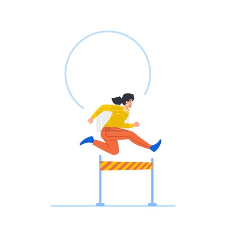 Illustration for Businesswoman Races And Jumps Over Hurdles In A Competitive Track Event with Athleticism, Agility And Determination. Motivational Concept for Sports-related Marketing. Cartoon Vector Illustration - Royalty Free Image