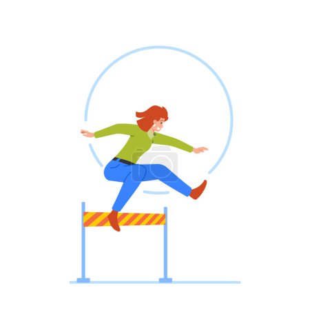 Illustration for Businesswoman Runs, Races And Jumps Over Barriers Represents Determination, Drive And Competitiveness, Success, Or Overcoming Challenges In Professional Environment. Cartoon Vector Illustration - Royalty Free Image