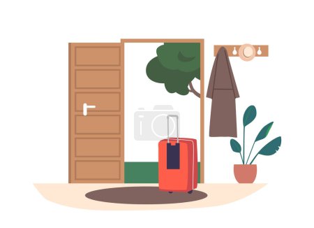 Illustration for Open Door at House Hallway with Tourist Suitcase Standing nearby. Concept of Travel Preparation, Returning and Back to Home, Summer Escape, Dream about Traveling. Cartoon Vector Illustration - Royalty Free Image