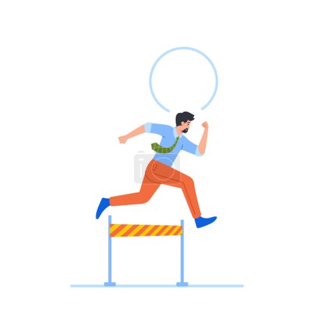 Illustration for Businessman Competes In A Race, Jumping Over Obstacles To Reach The Finish Line Symbolizes Competitive Nature Of Business World. Motivational Or Sports-related Concept. Cartoon Vector Illustration - Royalty Free Image