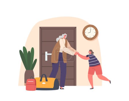 Illustration for Happy Grandmother Embraces Granddaughter At Home Hallway, Both Smiling And Elated To Be Reunited. Family Warm Life Moments, Domestic Theme, Characters Reunion. Cartoon People Vector Illustration - Royalty Free Image