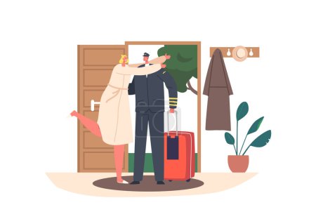 Illustration for Happy Wife Meet Pilot Husband At Home. Couple Embrace, Woman Hug Man in Uniform, Depicting Love And Reunion. Romance, Joy, And Homecoming Concept with Characters. Cartoon People Vector Illustration - Royalty Free Image