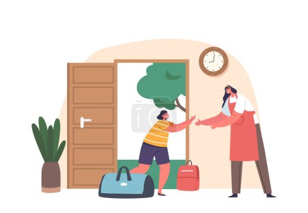 Illustration for Happy Mother Meet Little Daughter Carrying Luggage, As she Return Home After A Long Absence. Love, Warmth, Family Values, Travel, Family, Homecoming Concept with Joyful Characters. Vector Illustration - Royalty Free Image