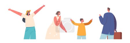 People Returning Home, Relief And Comfort Of Returning To Family After Work Day or Vacation Concept. Happy Woman with Son, Male with Suitcase, Cheerful Female Character. Cartoon Vector Illustration