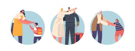 Illustration for People Returning at Home, Family Union Isolated Round Icons. Mother Meet Little School Boy, Pilot with Luggage Hugging Wife, Grandmother and Grandchild Excitment Meeting. Cartoon Vector Illustration - Royalty Free Image