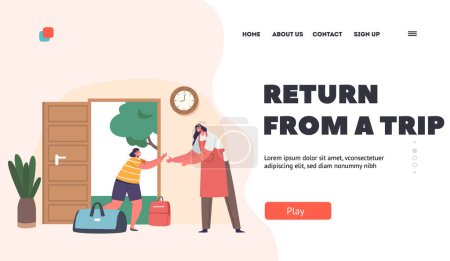 Illustration for Return from a Trip Landing Page Template. Happy Mother Meet Daughter Carrying Luggage, As she Return Home After A Long Absence. Warmth, Family Values, Travel, Homecoming Concept. Vector Illustration - Royalty Free Image