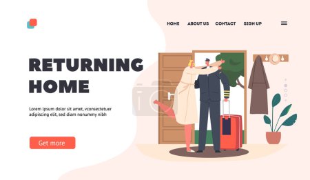Illustration for Returning Home Landing Page Template. Happy Wife Meet Pilot Husband At Home. Couple Embrace, Woman Hug Man in Uniform, Romance, Joy, And Homecoming Concept with Characters. Cartoon Vector Illustration - Royalty Free Image
