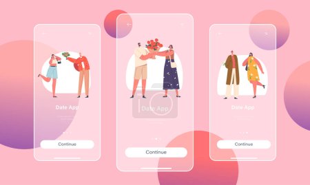 Illustration for Date Mobile App Page Onboard Screen Template. Men Gives Flowers To Women In A Romantic Gesture. Love, Affection, Thoughtfulness, Relationship Or Gift-giving Concept. Cartoon People Vector Illustration - Royalty Free Image