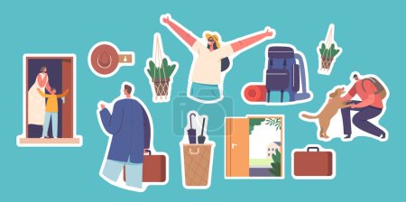 Illustration for Set of Stickers People Returning Home. Happy Woman, Mother with Son at Doorway, Man with Dog and Father. Male and Female Characters After Work Day or Vacation. Cartoon Vector Illustration, Patches - Royalty Free Image