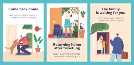 Illustration for People Returning Home Cartoon Banners. Concept of Relief And Comfort Of Returning To A Familiar Place After A Long Work Day or Vacation with Happy Male and Female Characters. Vector Posters - Royalty Free Image