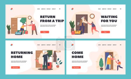 Illustration for People Return at Home Landing Page Template Set. Mother Meet Little School Boy or Girl with Bag. Pilot with Luggage Hugging Wife, Grandmother and Grandchild Meet at Home. Cartoon Vector Illustration - Royalty Free Image